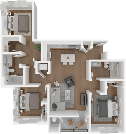 Floor plan for 3 beds, 2 baths, 1127 sqft